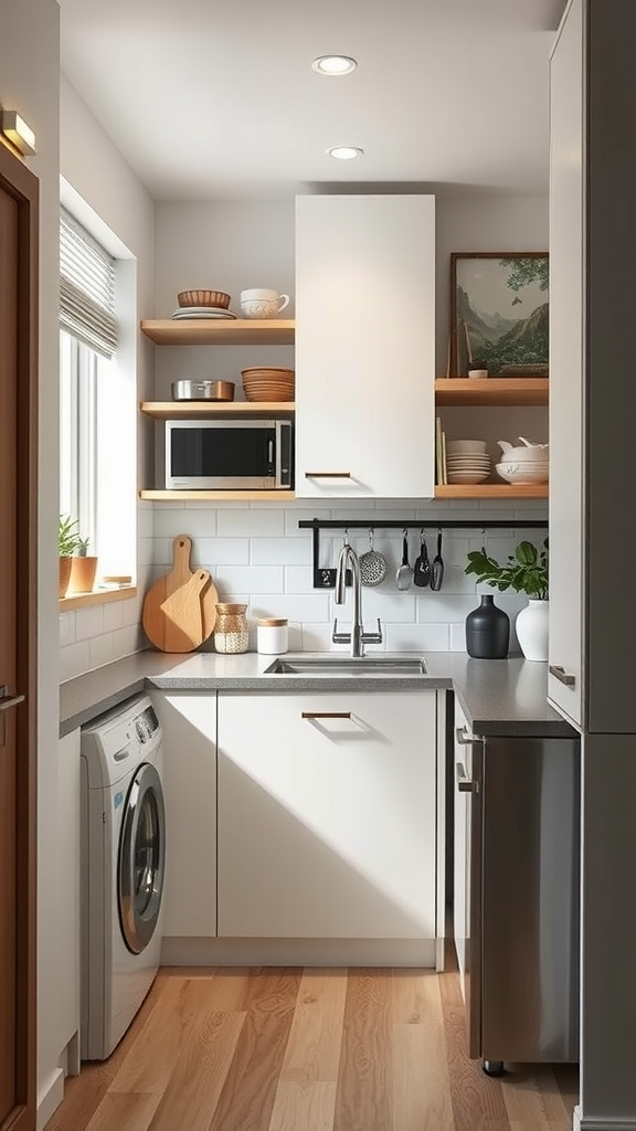 A modern small kitchen with open shelves, a microwave, and a washing machine.