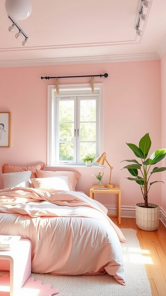 A cozy light pink bedroom featuring inspirational quote decor on the walls