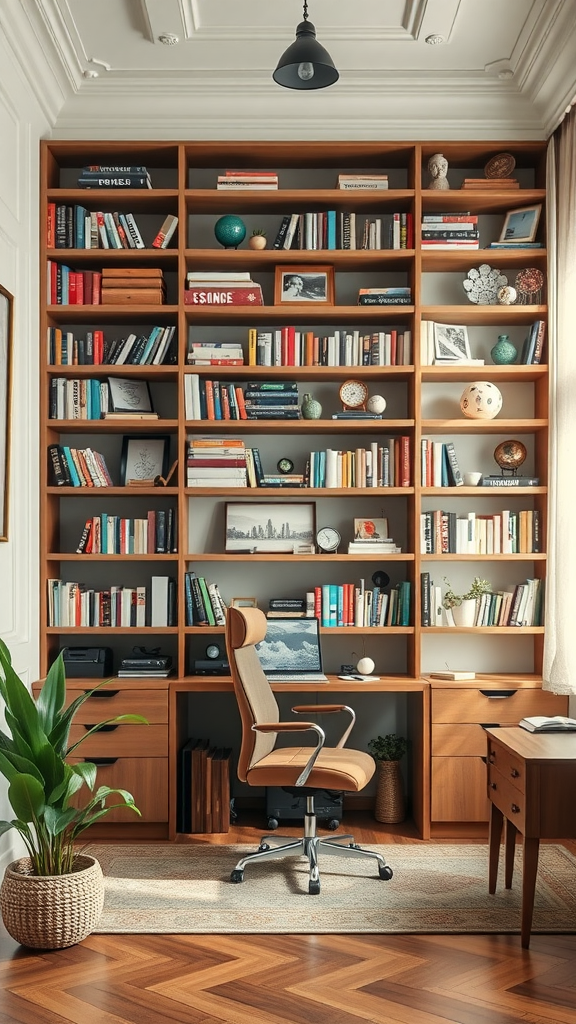 Cozy home office with an inspiring bookshelf filled with books and decorative items.