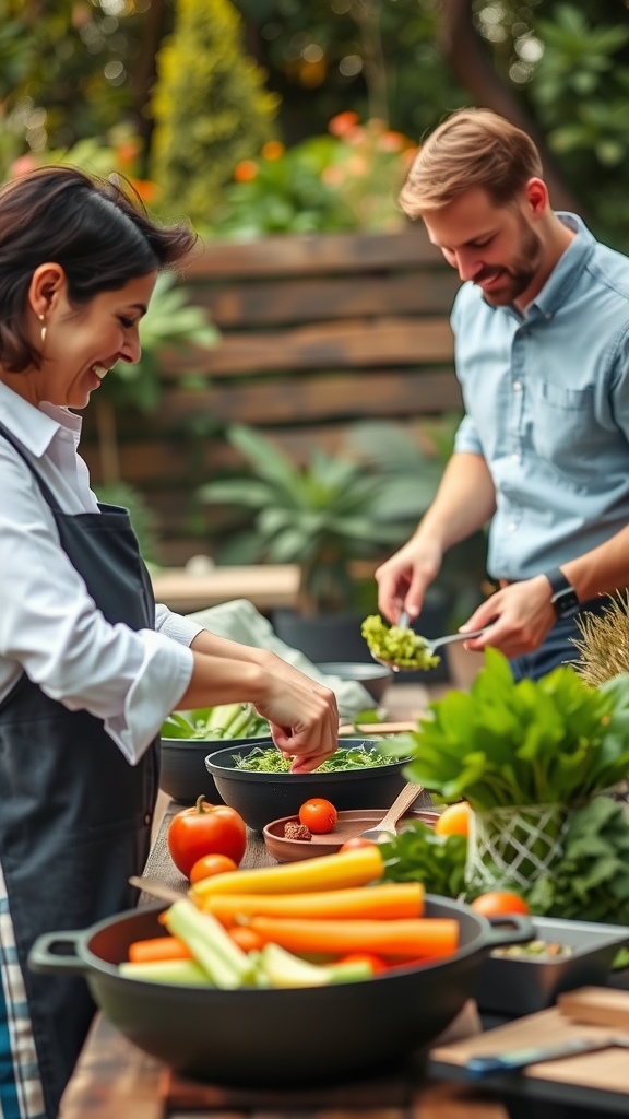 Couple participating in an outdoor cooking class, preparing a meal with fresh vegetables and joyful expressions.