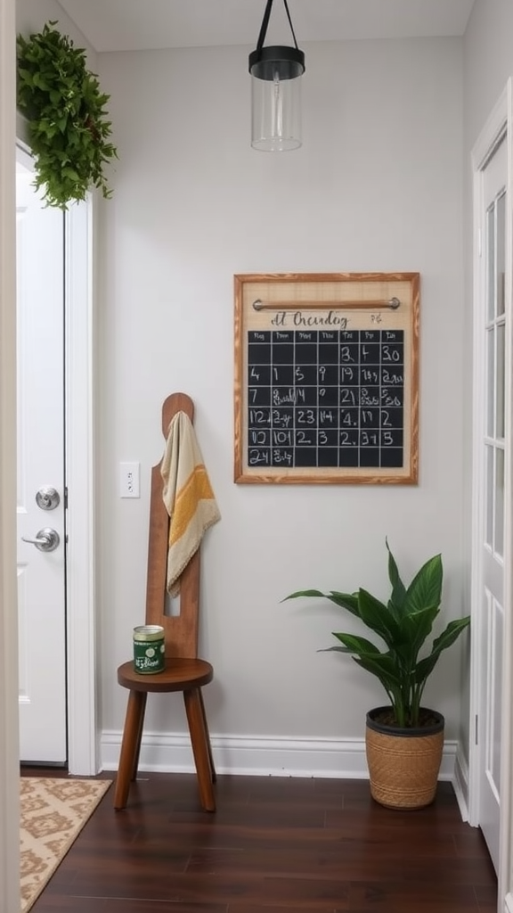 A stylish family entryway featuring a chalkboard calendar, plants, and a welcoming decor.