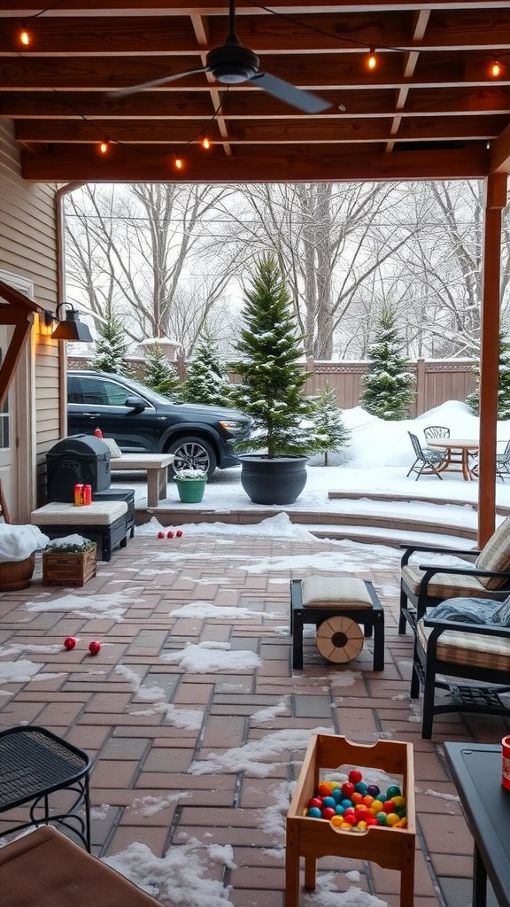 Cozy outdoor patio in winter with seating, string lights, and colorful balls for games.