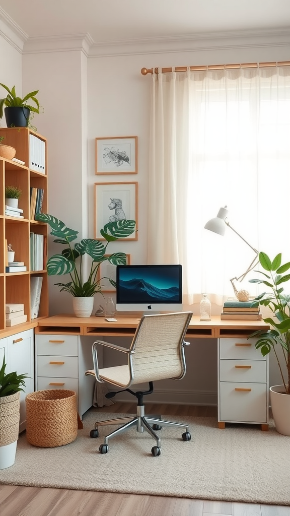 Cozy home office ideas featuring a light wood desk, green plants, and a computer on the desk with a neutral color palette.