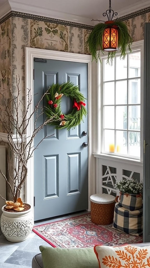 A cozy entryway with a wooden door, a wreath, decorated with candles, lanterns, and seasonal decor.