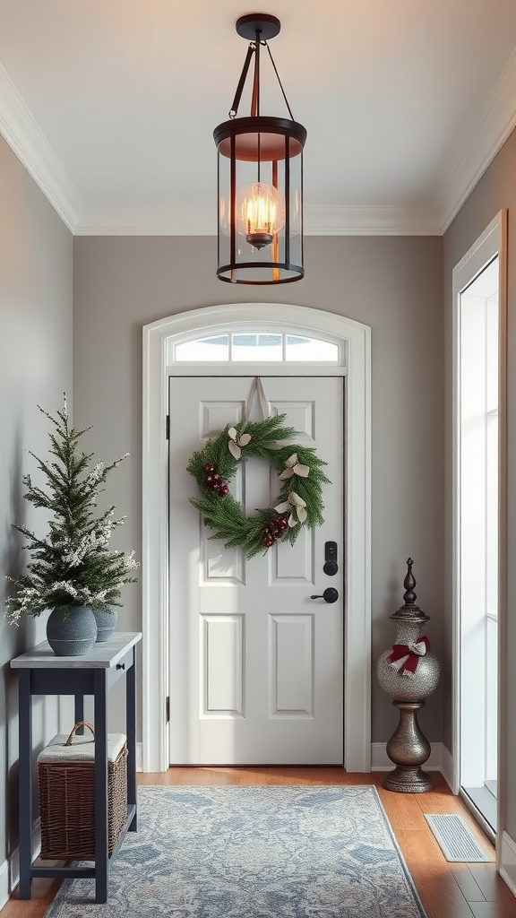 A cozy entryway with a pendant light, a wreath on the door, a small tree, and decorative accents.