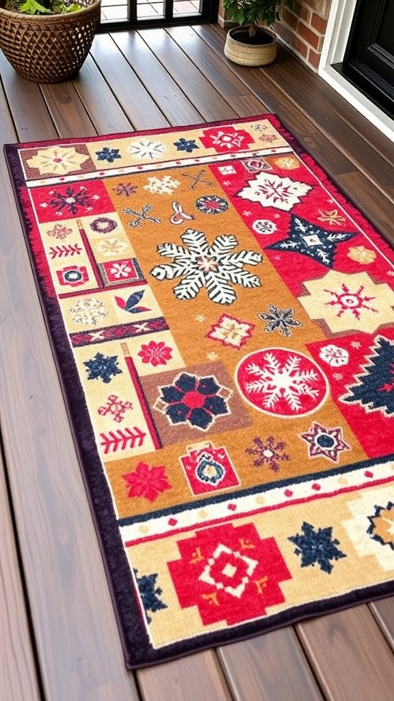 Colorful outdoor rug with winter-themed design on a porch.