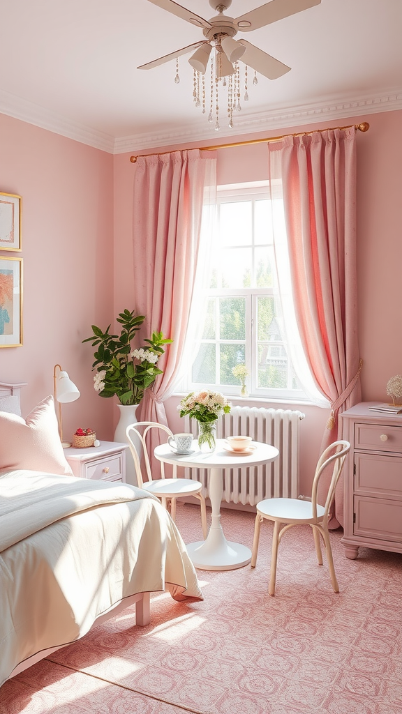 A cozy pink bedroom with a tea corner featuring a round table, white chairs, and fresh flowers.