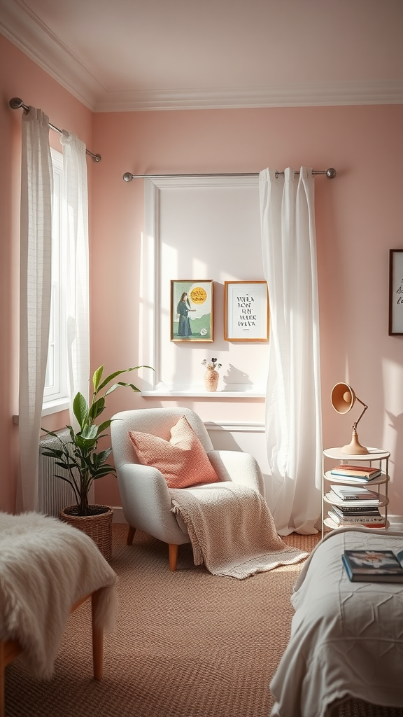 Cozy reading nook with light pink walls, a plush armchair, throw blanket, and natural light.