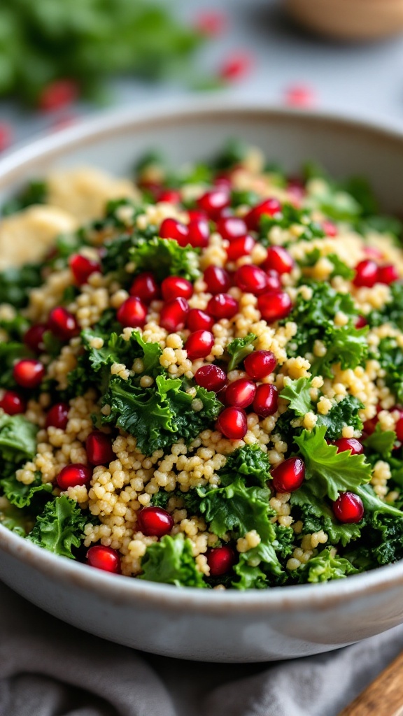 Winter Salads with Seasonal Produce . A colorful kale and quinoa salad topped with pomegranate seeds in a bowl.