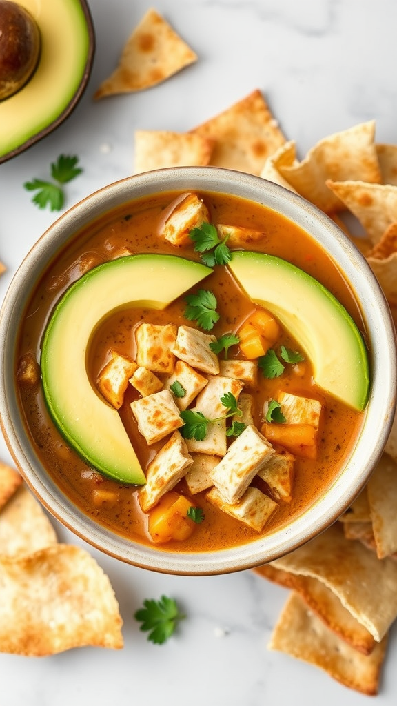 Bowl of Keto Chicken Tortilla Soup with avocado and tortilla strips