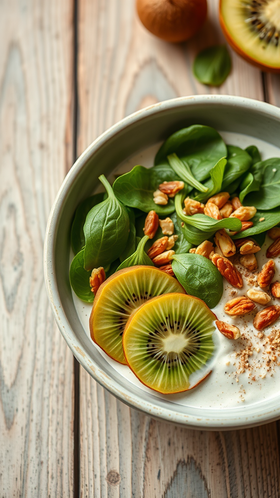 A colorful breakfast bowl featuring sliced kiwi, fresh spinach, and chopped nuts on a wooden table.