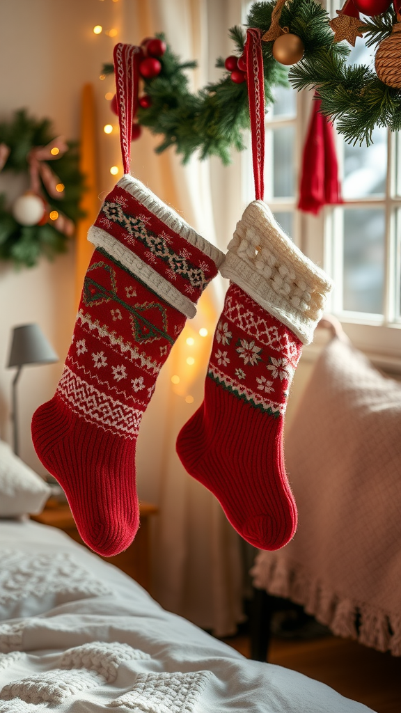 Two knitted red stockings hanging above a bed, decorated with festive patterns and surrounded by holiday decor.