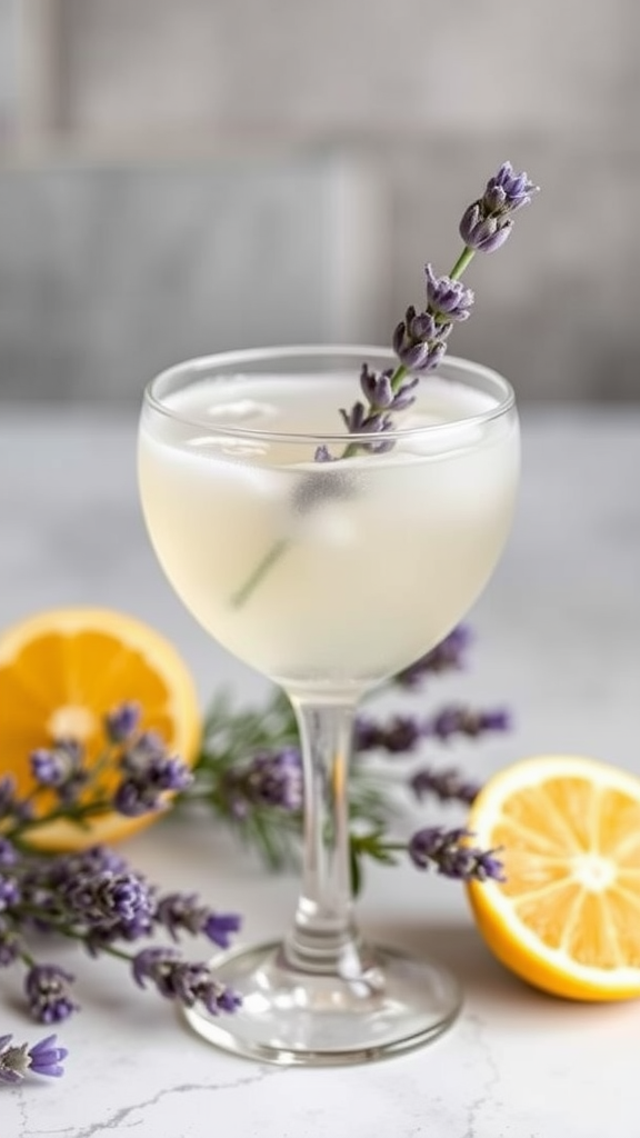 A cocktail featuring lavender and lemon, garnished with a sprig of lavender, on a marble surface.