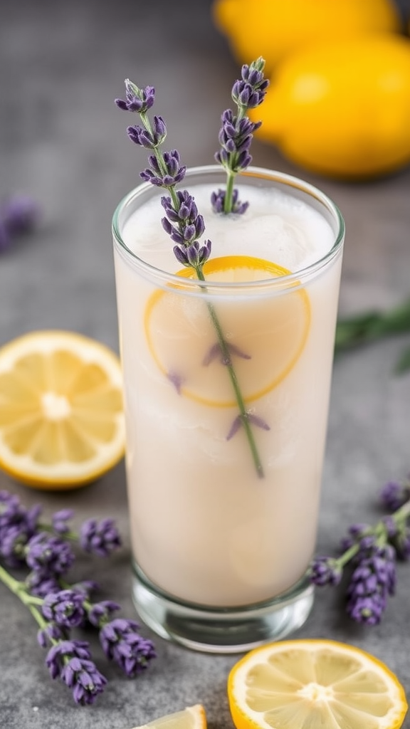 A glass of lavender lemonade with lemon slice and lavender sprigs on a wooden table.