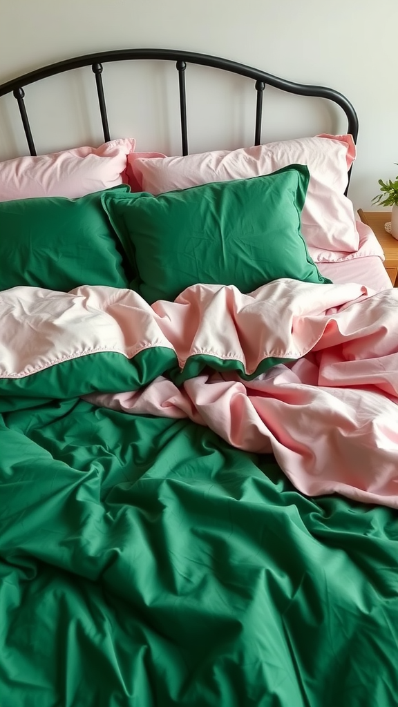 A bed with green and pink layered bedspreads and pillows.