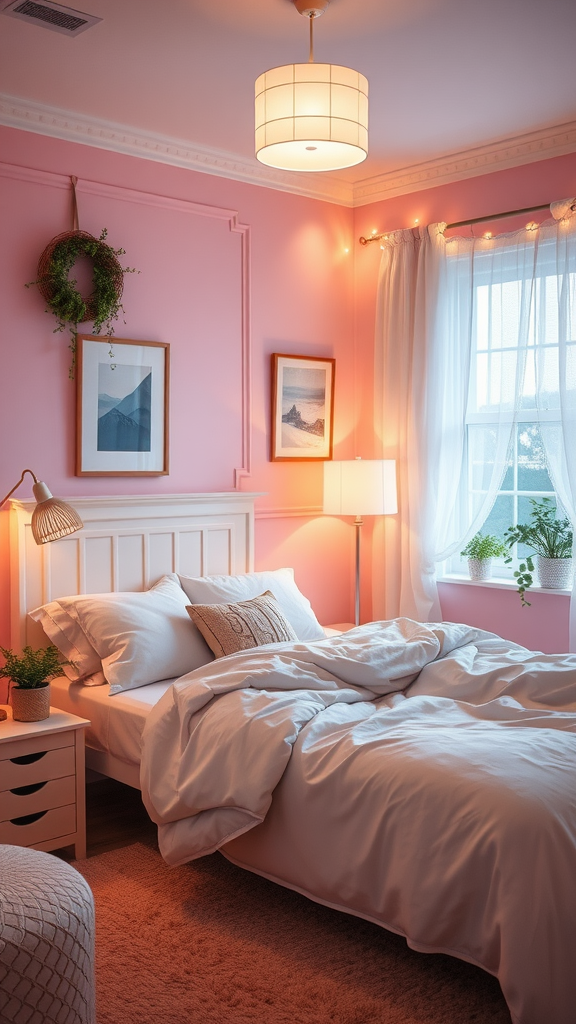 A cozy light pink bedroom featuring layered lighting with hanging bulbs, a soft bedspread, and decorative plants.