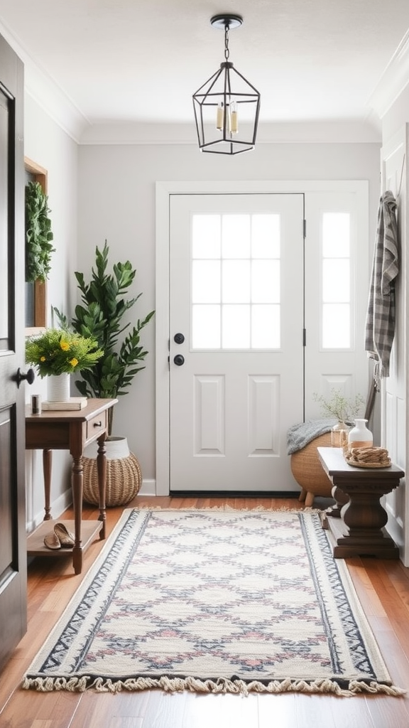 A cozy entryway featuring a patterned layered rug over wooden flooring, with plants and simple decor.