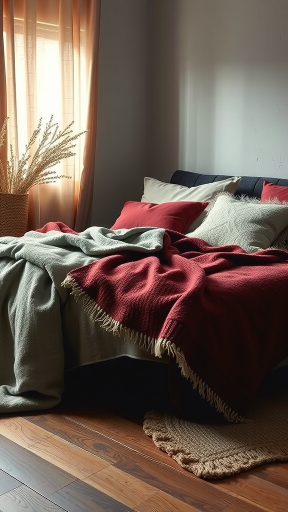 A cozy bedroom with layered textiles including red and green blankets on the bed, soft pillows, and a natural rug on wooden flooring.