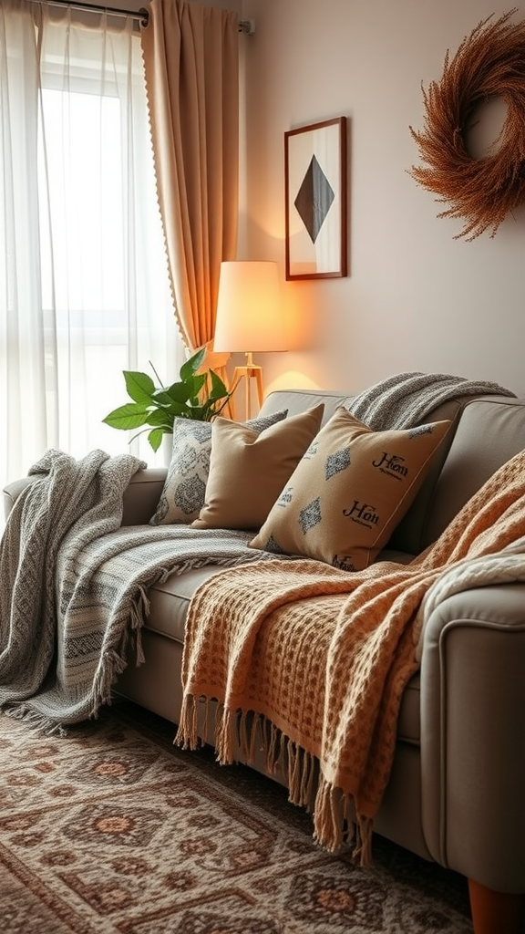 Cozy living room with layered textiles on a sofa, featuring warm blankets and cushions.