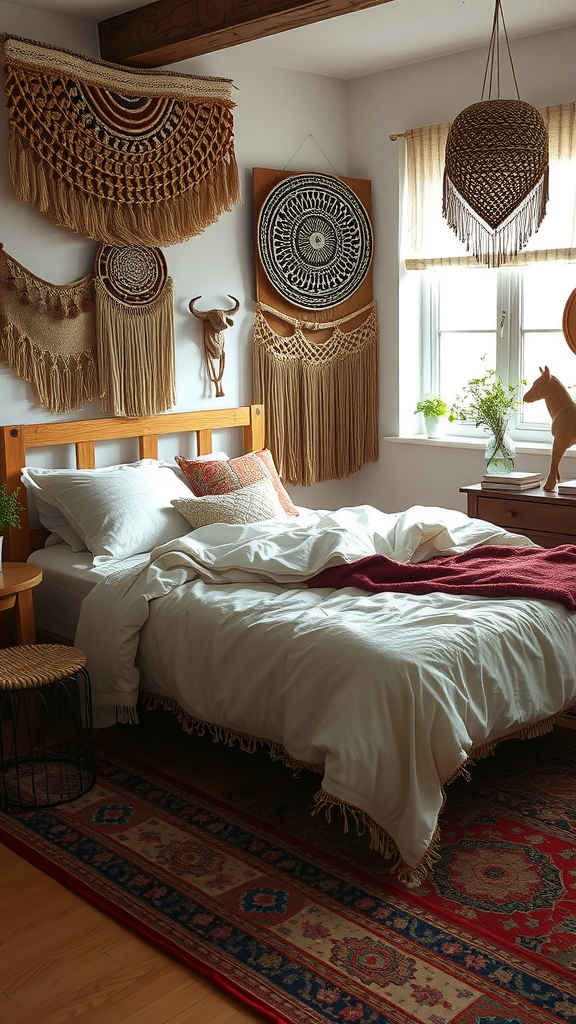 A modern bedroom featuring layered textures with a bed, blankets, colorful rug, and woven wall hangings.