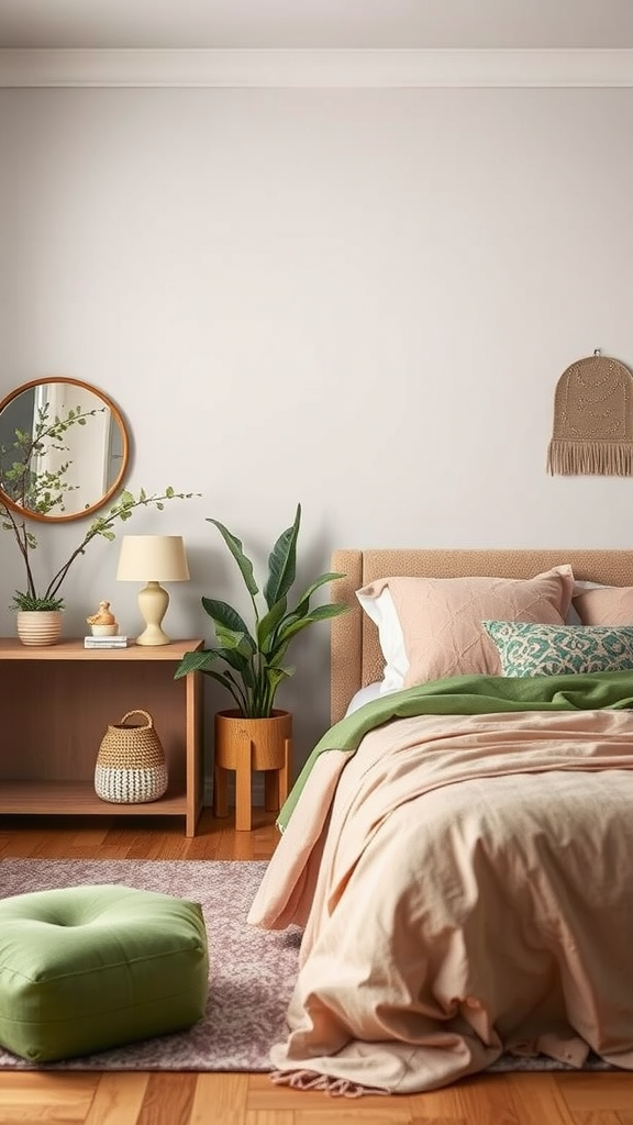 A cozy bedroom featuring layered textures with green and pink elements.