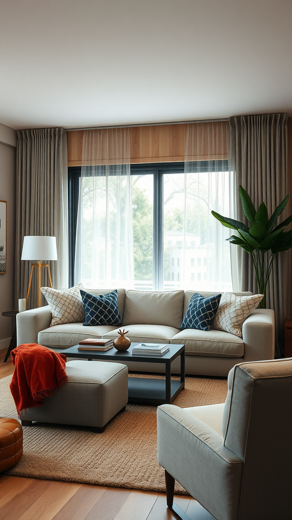 A cozy living room featuring a soft sofa, colorful throw pillows, a woven area rug, and a touch of greenery