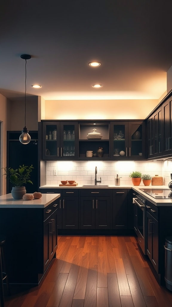 A modern kitchen featuring layered lighting with recessed lights and under-cabinet illumination.