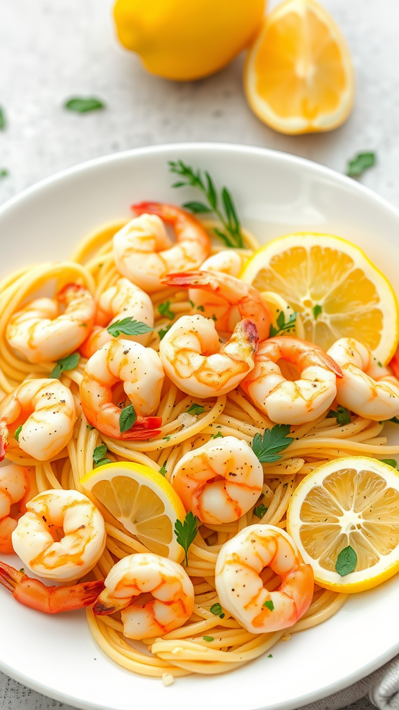 A plate of Lemon Butter Shrimp Pasta with shrimp, lemon slices, and parsley.