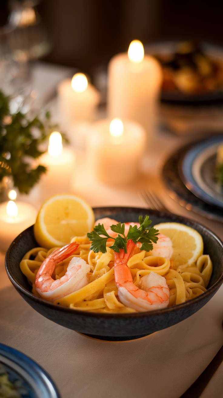 Delicious Lemon Butter Shrimp Pasta served in a bowl with candles in the background