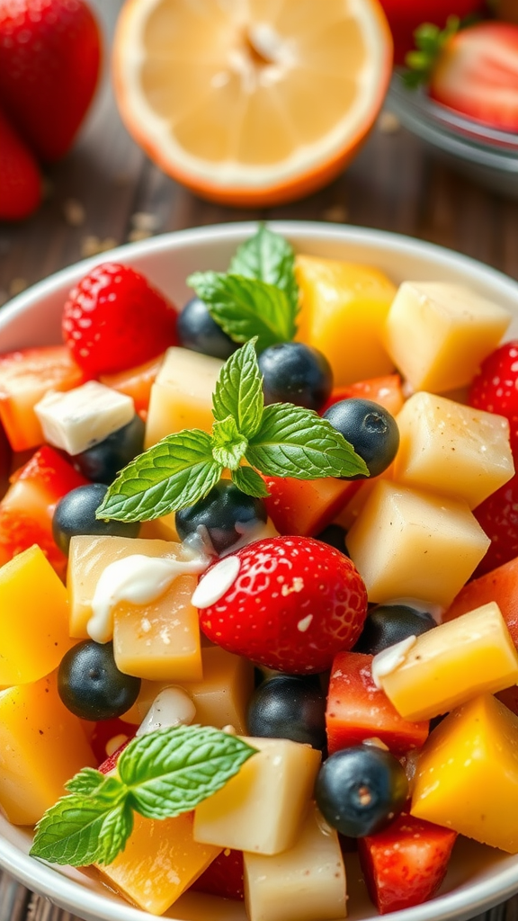 A vibrant bowl of fruit salad featuring strawberries, blueberries, and melon, garnished with fresh mint.