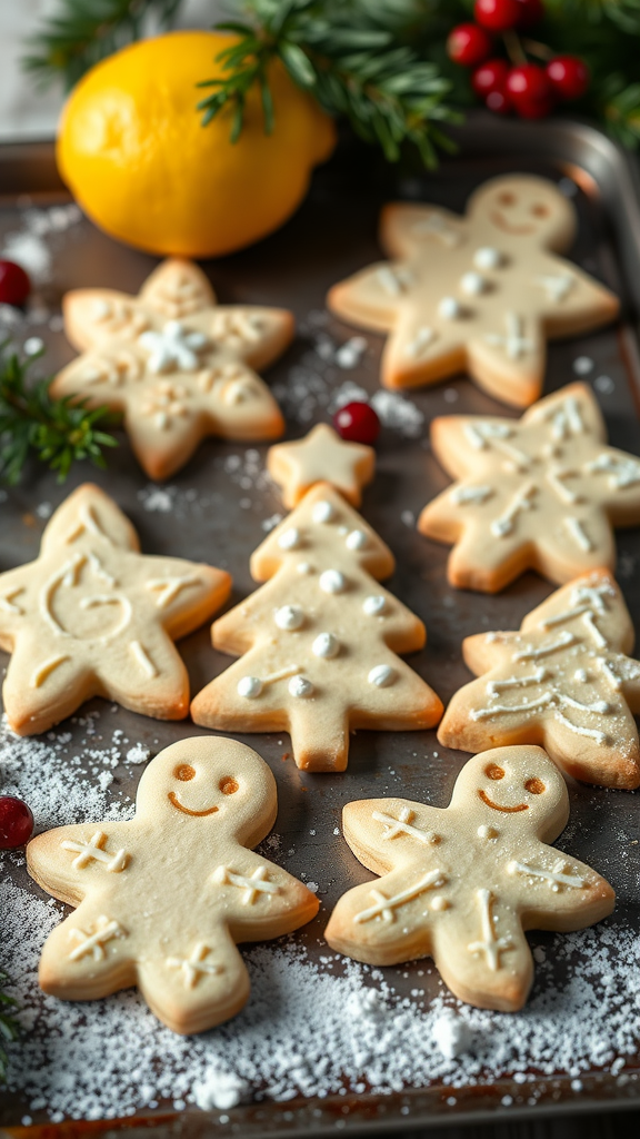 A tray of decorated Christmas cookies including gingerbread men, Christmas trees, and stars, with a lemon and greenery in the background.