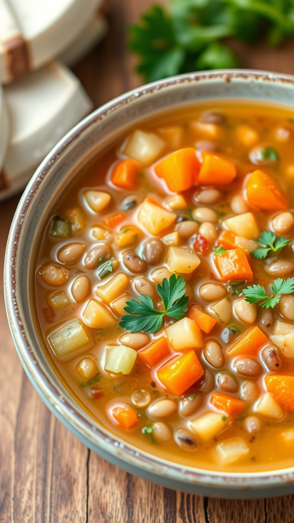 A bowl of lentil soup with carrots and celery, garnished with fresh herbs.