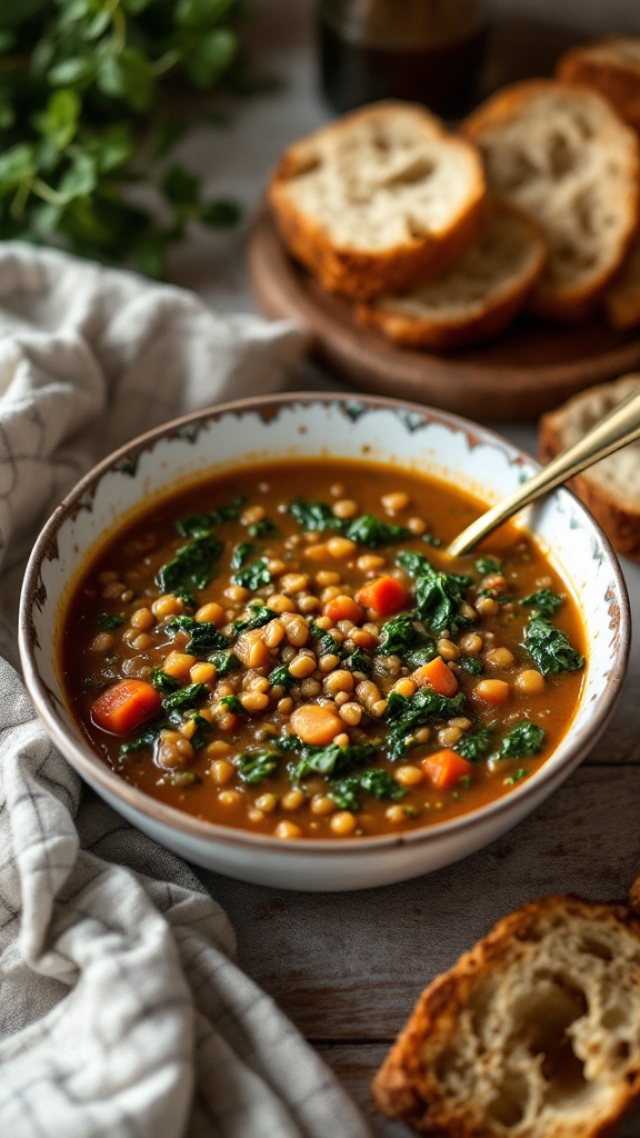 A bowl of lentil soup with spinach, carrots, and a spoon, accompanied by slices of bread.