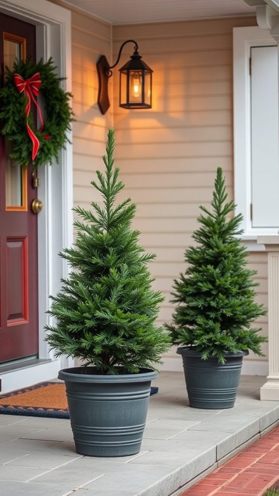 Potted evergreens on a winter porch with a wreath and lantern