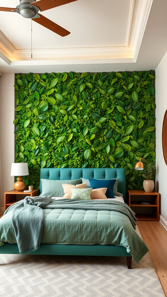 A cozy bedroom featuring a lush green accent wall and pink bedding, creating a vibrant and refreshing atmosphere.