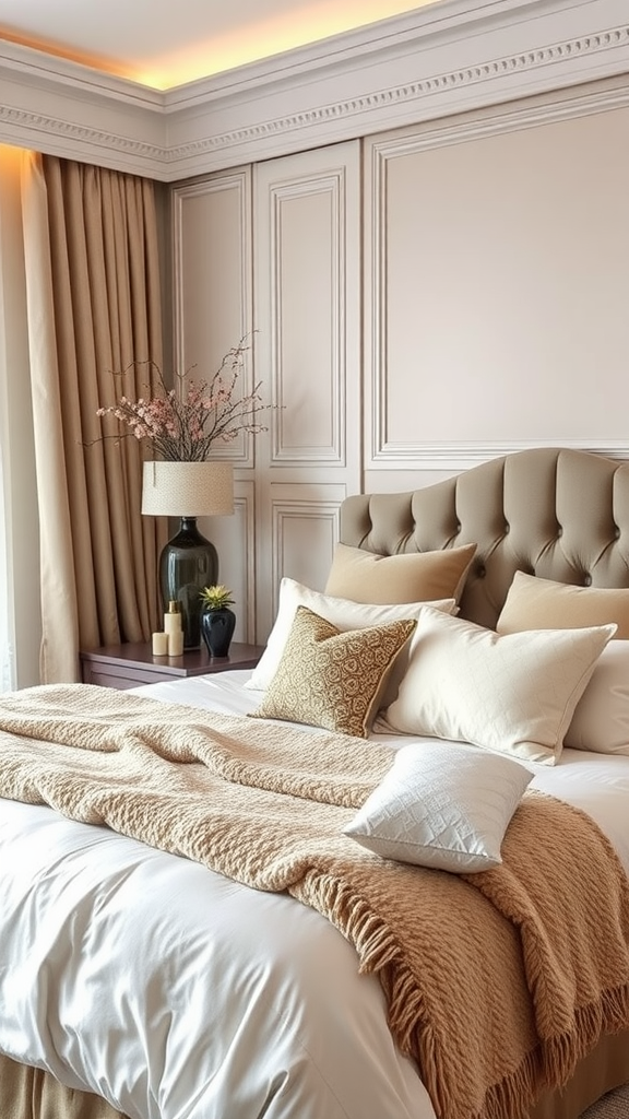 A beautifully styled modern bedroom with luxurious bedding and warm color tones.