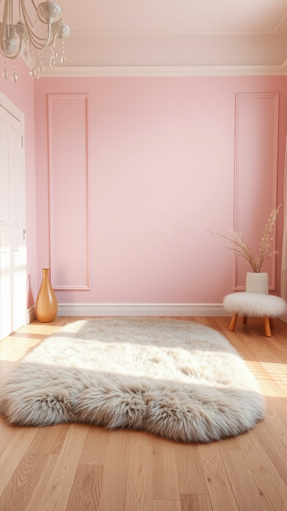 A cozy light pink bedroom featuring a luxurious faux fur rug on wooden flooring, complemented by a soft chair and vase.