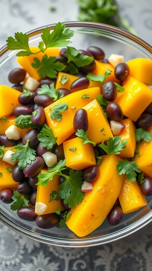 A vibrant mango and black bean salad with cilantro in a glass bowl.