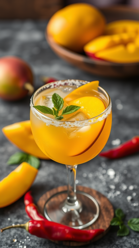 A refreshing Mango Chili Spritz cocktail with mango slices and chili peppers