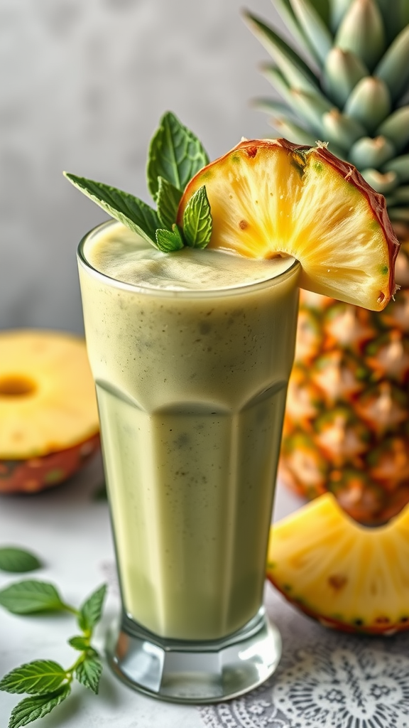 A refreshing matcha pineapple smoothie garnished with mint and a pineapple slice.