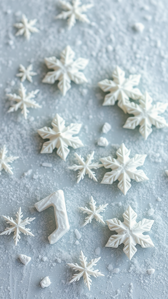 An assortment of meringue snowflakes on a snowy surface.