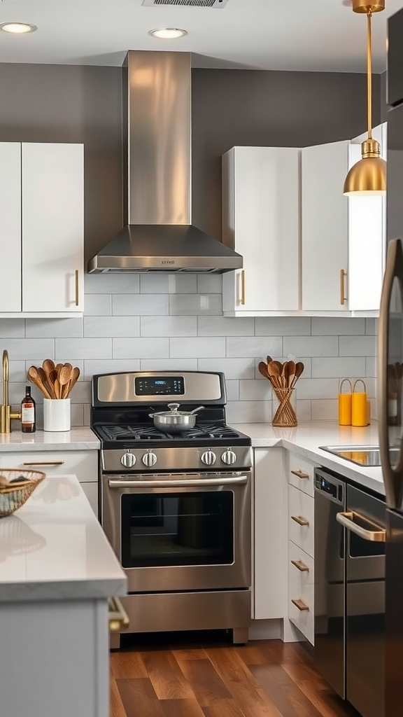 A modern kitchen featuring metallic accents such as gold cabinet handles and a stainless steel stove.