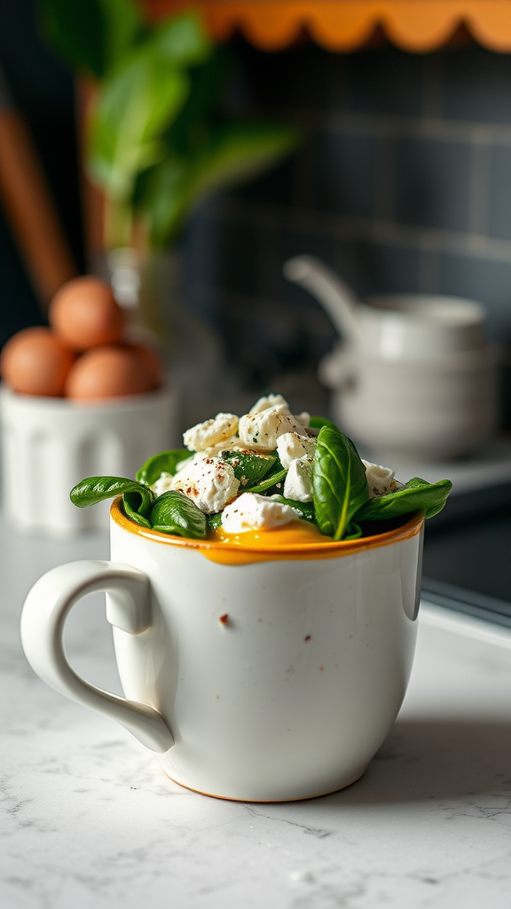 A mug filled with spinach and feta egg mixture, ready for microwaving.