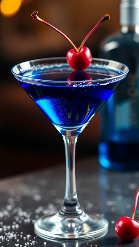 A vibrant blue Midnight Kiss Martini garnished with two cherries, sitting on a table