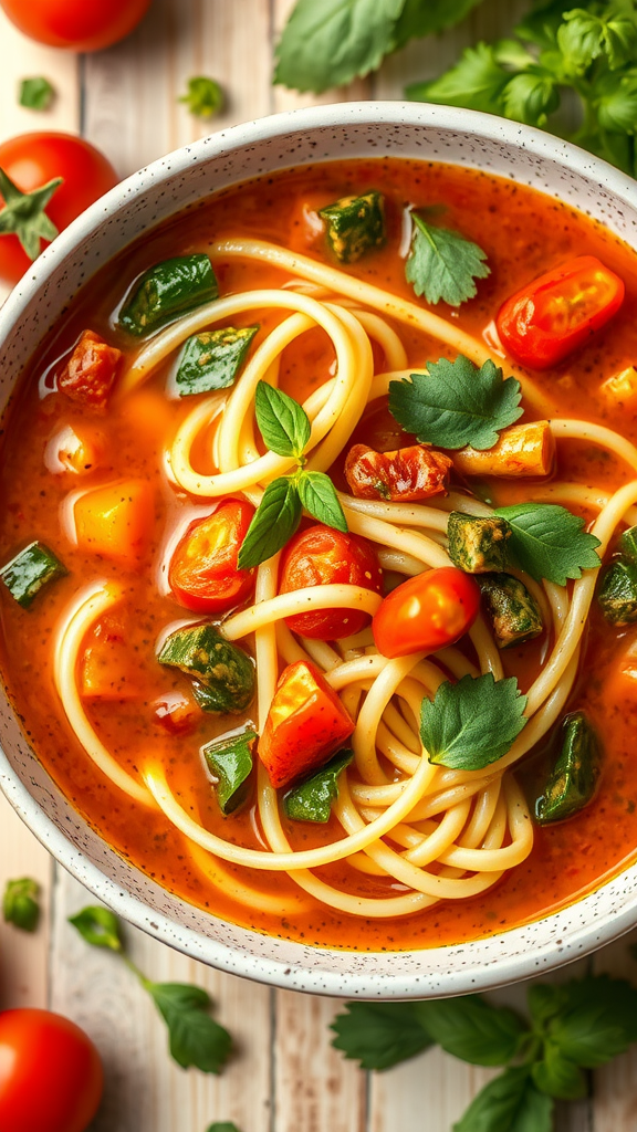 A bowl of minestrone soup with zucchini noodles, topped with cherry tomatoes and fresh herbs.