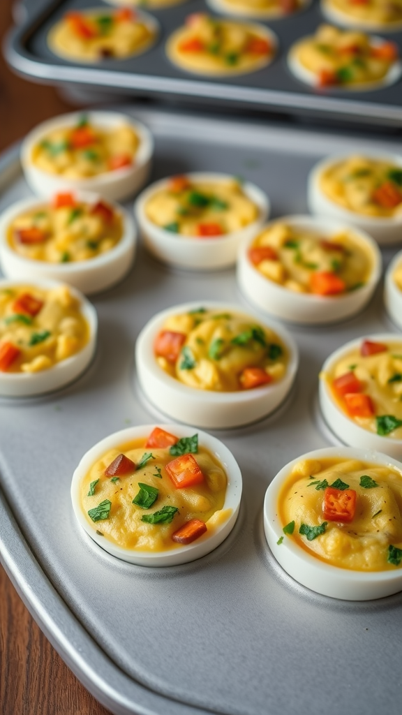 Mini egg muffins with vegetables, showcasing colorful peppers and herbs in white muffin cups.