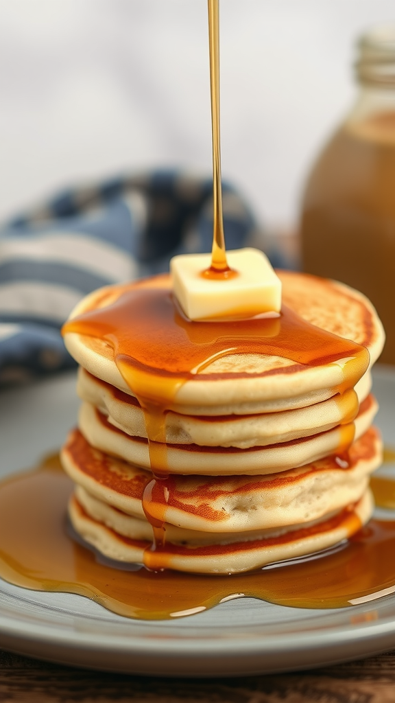 A stack of mini pancakes topped with butter and maple syrup