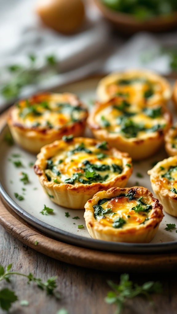 A plate of mini quiches filled with spinach and cheese, garnished with fresh herbs.