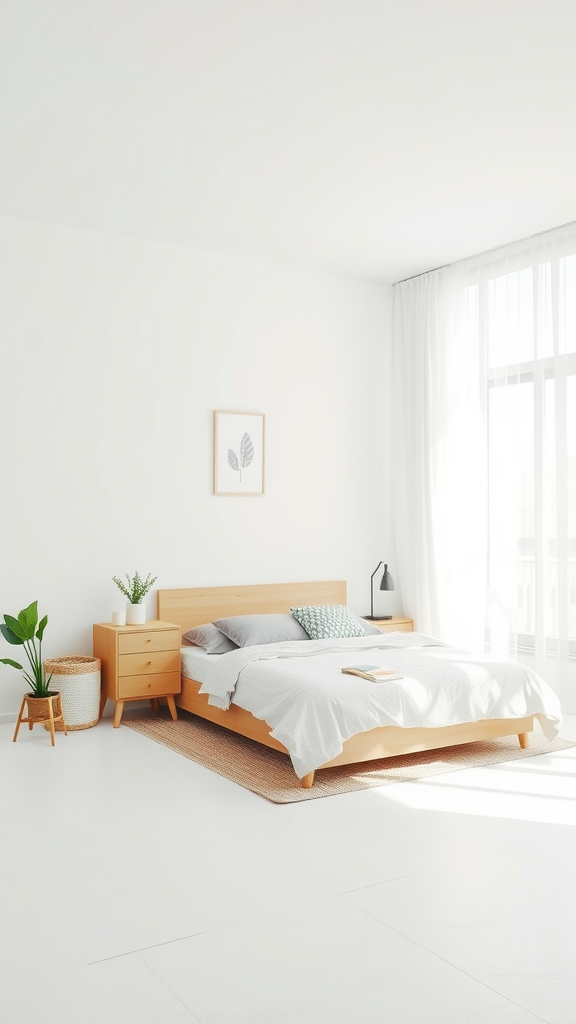 A minimalist bedroom featuring a wooden bed, light bedding, a small nightstand, and a plant, with bright natural light coming through the windows.