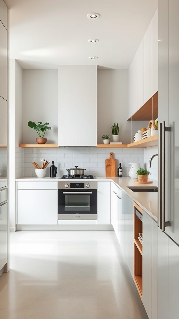 A modern minimalist kitchen with white cabinets and open shelving.